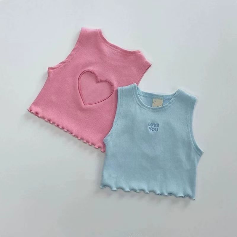 Baby Products Korea - 韓国夏子供服女の赤ちゃんベストかわいい中空ハートピンクブルーベスト幼児ファッションクロップトップ Y2k Tシャツトップス 80-130 センチメートル