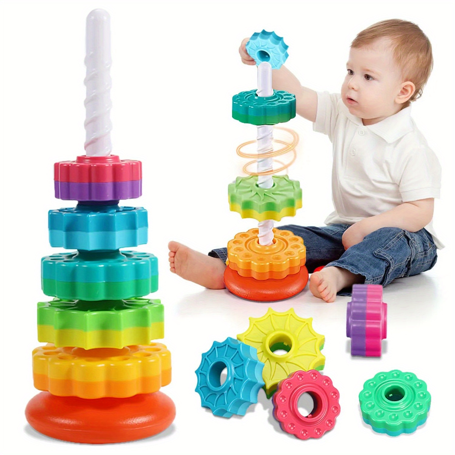 Toddler Learning Tower - 回転レインボータワー スタック＆アンスタックパズルおもちゃ 6つのカラフルな回転レベル付き 幼児学習おもちゃ、耐久性のあるプラスチックブロック