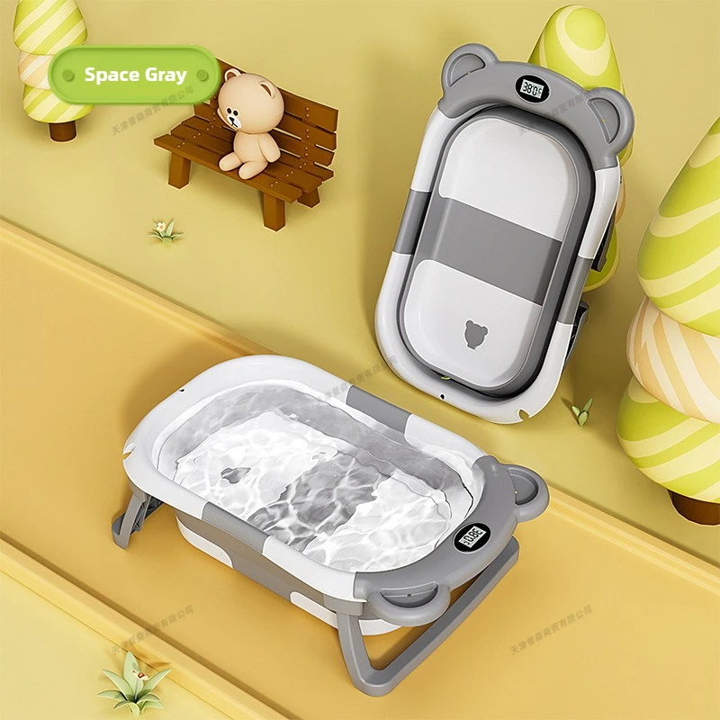 Baby Products For Newborn - 折りたたみ式ベビーバスインテリジェント温度表示新生児用浴槽クマスタイルポータブルシャワー台幼児安全バス用品